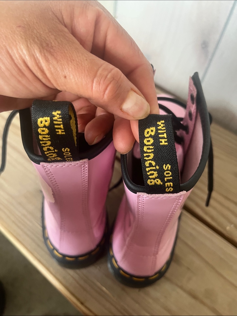 Dr. Martens Glossy Pink Lace-Up Combat Boots - Picture 11 of 13